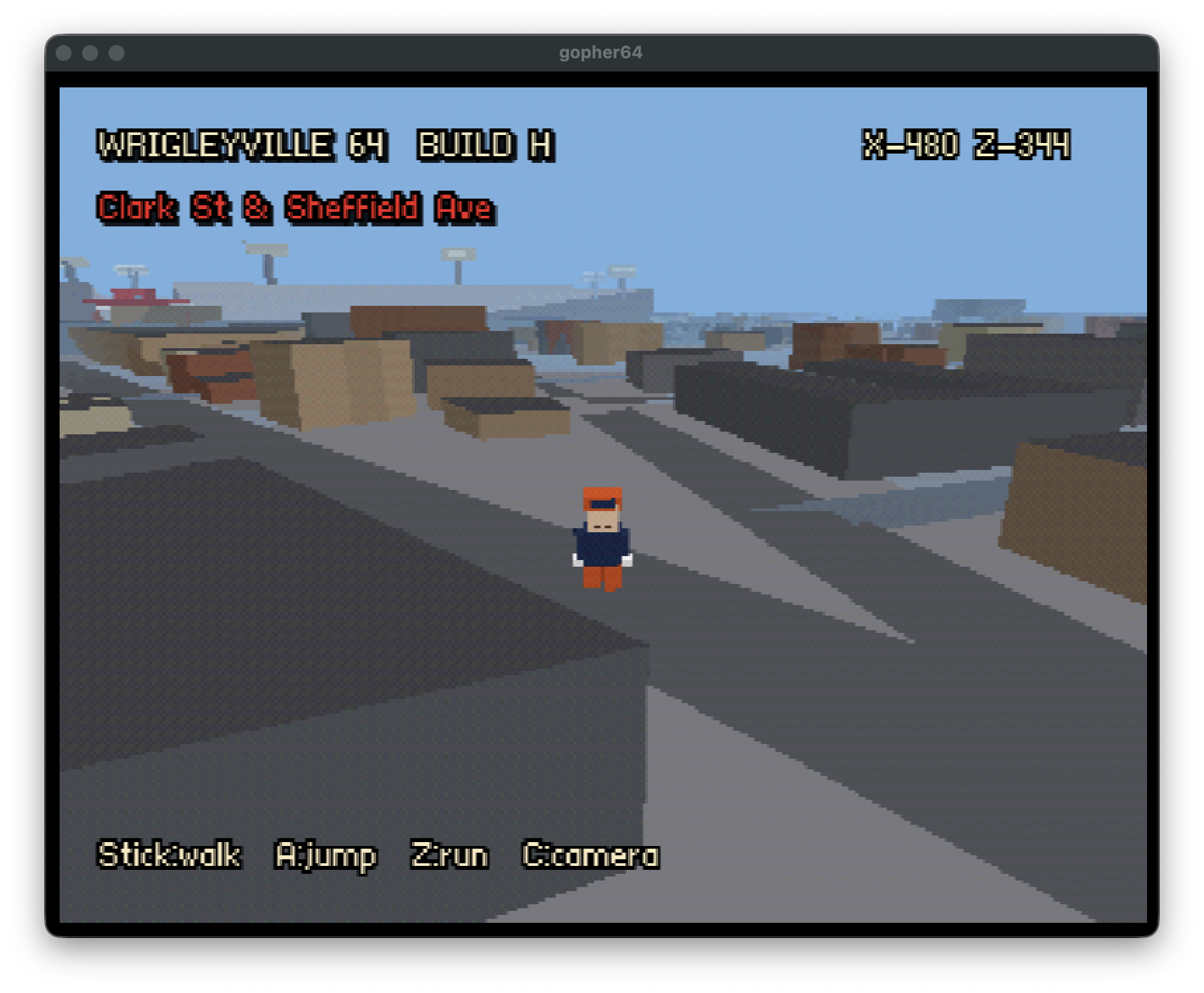 A wide intersection of low-poly Wrigleyville blocks in Wrigleyville 64